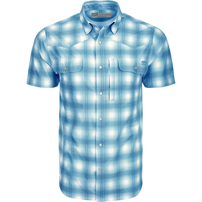 Cinco Ranch Western Plaid Shirt: A lightweight, moisture-wicking shirt with a hidden button-down collar, vented back, and two chest pockets with snap closures. Perfect for outdoor activities.