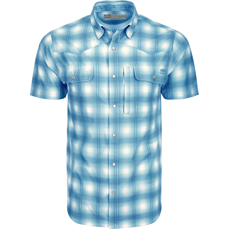 Cinco Ranch Western Plaid Shirt: A lightweight, moisture-wicking shirt with a hidden button-down collar, vented back, and two chest pockets with snap closures. Perfect for outdoor activities.