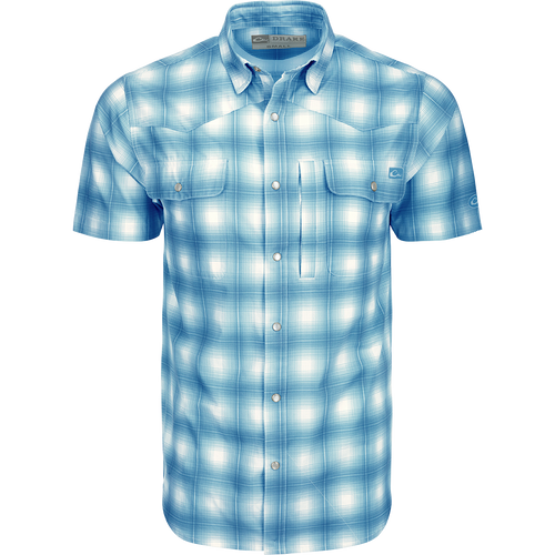 Cinco Ranch Western Plaid Shirt: A lightweight, moisture-wicking shirt with a hidden button-down collar, vented back, and two chest pockets with snap closures. Perfect for outdoor activities.