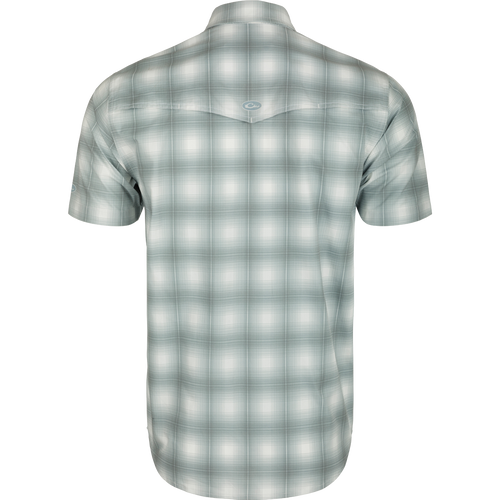Cinco Ranch Western Plaid Shirt - Back view of lightweight polyester shirt with micro-mesh for natural cooling, vented Western back, and two button-through chest pockets.