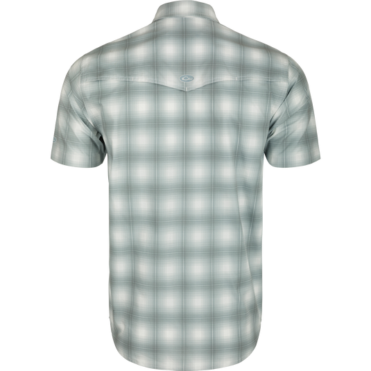 Cinco Ranch Western Plaid Shirt - Back view of lightweight polyester shirt with micro-mesh for natural cooling, vented Western back, and two button-through chest pockets.