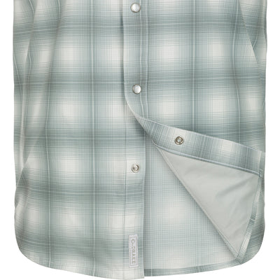 Cinco Ranch Western Plaid Shirt: Close-up of a lightweight, moisture-wicking shirt with micro-mesh for natural cooling and UPF 30 sun protection. Features include hidden button-down collar, vented Western back, and two button-through chest pockets.