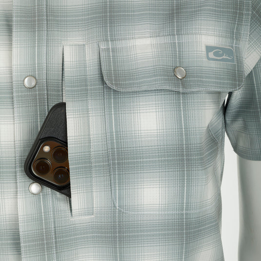 Cinco Ranch Western Plaid Shirt: A cell phone in a pocket of this lightweight, moisture-wicking shirt with hidden button-down collar and vented back.
