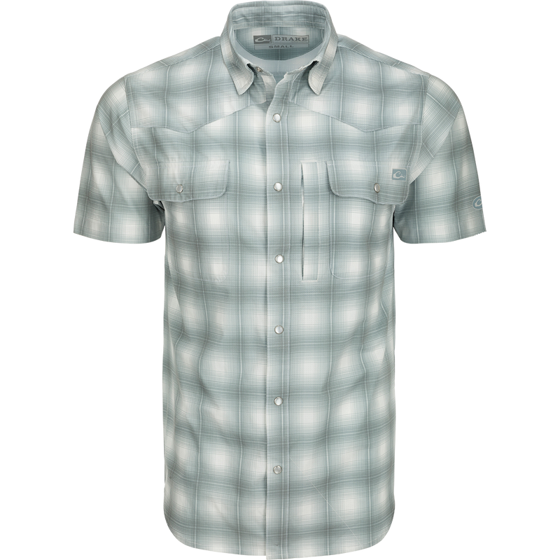 Cinco Ranch Western Plaid Shirt S/S: A lightweight polyester shirt with micro-mesh for natural cooling, UPF30 sun protection, and moisture-wicking technology. Features include a hidden button-down collar, vented Western back, and two button-through chest pockets. Perfect for hunting, fishing, or casual wear.