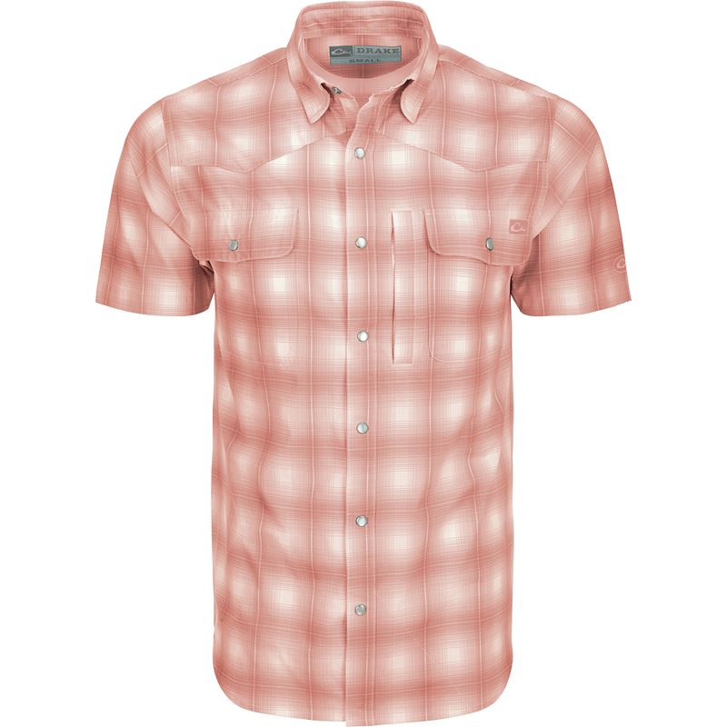 Cinco Ranch Western Plaid Shirt: A lightweight, moisture-wicking shirt with a hidden button-down collar, vented back, and two chest pockets with snap closures. Features micro-mesh for natural cooling and UPF 30 sun protection. Perfect for hunting, fishing, and outdoor activities.