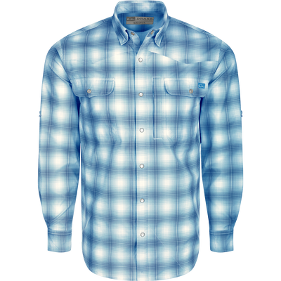 Cinco Ranch Western Plaid Shirt L/S, a lightweight polyester shirt with micro-mesh for natural cooling, UPF 30 sun protection, and moisture-wicking properties. Features include a hidden button-down collar, vented Western back, and two button-through chest pockets. Perfect for hunting, fishing, or casual wear.