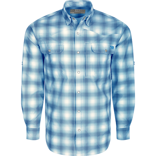 Cinco Ranch Western Plaid Shirt L/S, a lightweight polyester shirt with micro-mesh for natural cooling, UPF 30 sun protection, and moisture-wicking properties. Features include a hidden button-down collar, vented Western back, and two button-through chest pockets. Perfect for hunting, fishing, or casual wear.