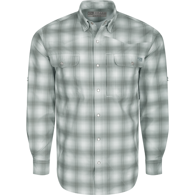 Cinco Ranch Western Plaid Shirt L/S: A lightweight, moisture-wicking polyester shirt with a hidden button-down collar, vented back, and two chest pockets. Features include UPF 30 sun protection, faux pearl snaps, and an adjustable roll-up sleeve with tab holder. Perfect for hunting, fishing, or casual wear.