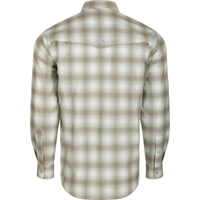 Cinco Ranch Western Plaid Shirt L/S: A back view of a lightweight, moisture-wicking shirt with a hidden button-down collar, vented Western back, and two chest pockets.