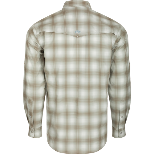 Cinco Ranch Western Plaid Shirt L/S: A back view of a lightweight, moisture-wicking shirt with a hidden button-down collar, vented Western back, and two chest pockets.