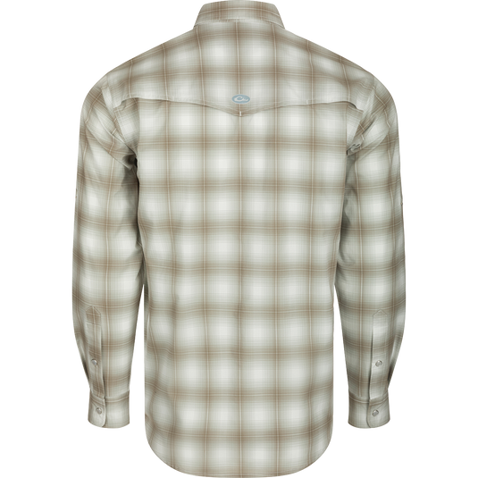 Cinco Ranch Western Plaid Shirt L/S: A back view of a lightweight, moisture-wicking shirt with a hidden button-down collar, vented Western back, and two chest pockets.