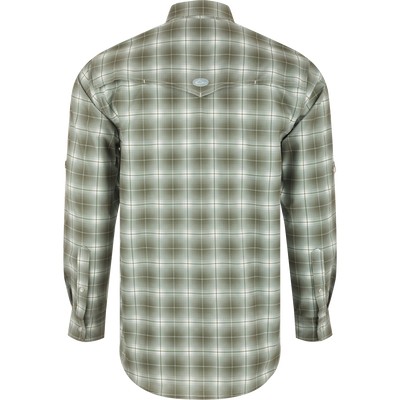 Cinco Ranch Plaid Long Sleeve Shirt - Back view of lightweight polyester shirt with hidden button-down collar, vented western back, and two pearl snap chest pockets.