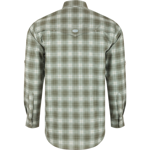 Cinco Ranch Plaid Long Sleeve Shirt - Back view of lightweight polyester shirt with hidden button-down collar, vented western back, and two pearl snap chest pockets.