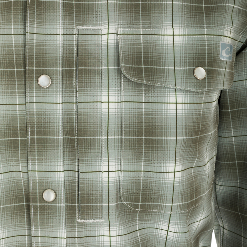 Cinco Ranch Plaid Long Sleeve Shirt, close-up of lightweight fabric with western pattern and faux pearl snap buttons.