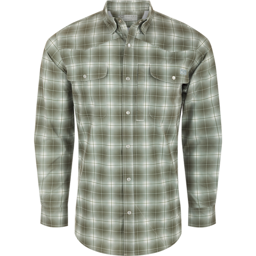 Cinco Ranch Plaid Long Sleeve Shirt with hidden button-down collar, faux pearl snap buttons, and adjustable roll-up sleeves. Lightweight and breathable with UPF 30 sun protection, moisture-wicking, and quick-drying capabilities. Perfect for western vibes and outdoor adventures.