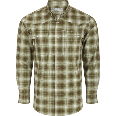 Cinco Ranch Plaid Long Sleeve Shirt with hidden button-down collar, faux pearl snap buttons, and adjustable roll-up sleeves. Lightweight and breathable 100% Polyester with UPF 30 sun protection, moisture-wicking, and quick-drying capabilities. Western vibes for any adventure!
