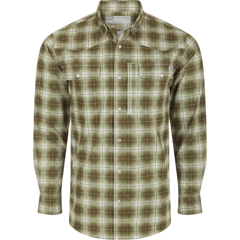 Cinco Ranch Plaid Long Sleeve Shirt with hidden button-down collar, faux pearl snap buttons, and adjustable roll-up sleeves. Lightweight and breathable 100% Polyester with UPF 30 sun protection, moisture-wicking, and quick-drying capabilities. Western vibes for any adventure!