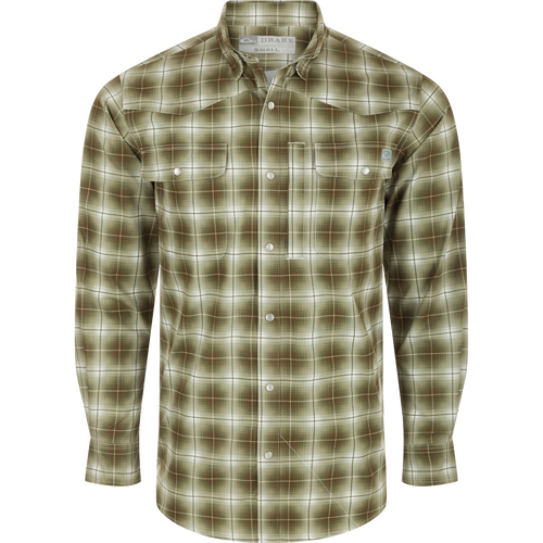 Cinco Ranch Plaid Long Sleeve Shirt with hidden button-down collar, faux pearl snap buttons, and adjustable roll-up sleeves. Lightweight and breathable 100% Polyester with UPF 30 sun protection, moisture-wicking, and quick-drying capabilities. Western vibes for any adventure!