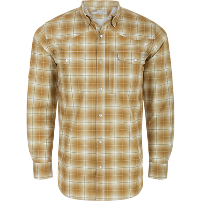Cinco Ranch Western Fall Plaid Long Sleeve Shirt with hidden button-down collar and faux pearl snap buttons. Lightweight, breathable 100% Polyester with UPF 30 sun protection, moisture-wicking, and quick-drying capabilities. Adjustable roll-up sleeves and tab holders for any adventure!