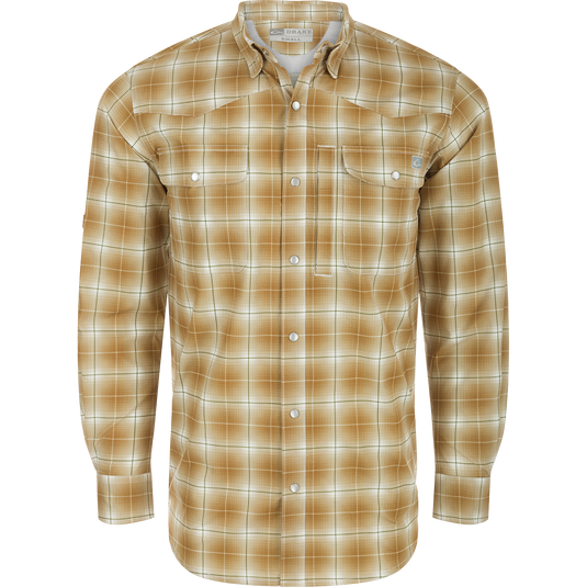 Cinco Ranch Western Fall Plaid Long Sleeve Shirt with hidden button-down collar and faux pearl snap buttons. Lightweight, breathable 100% Polyester with UPF 30 sun protection, moisture-wicking, and quick-drying capabilities. Adjustable roll-up sleeves and tab holders for any adventure!