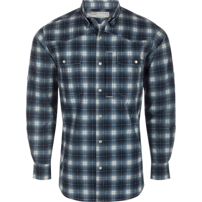 Cinco Ranch Plaid Long Sleeve Shirt with hidden button-down collar, faux pearl snap buttons, and adjustable roll-up sleeves. Lightweight and breathable 100% Polyester with UPF 30 sun protection, moisture-wicking, and quick-drying capabilities. Perfect for western vibes and outdoor adventures!