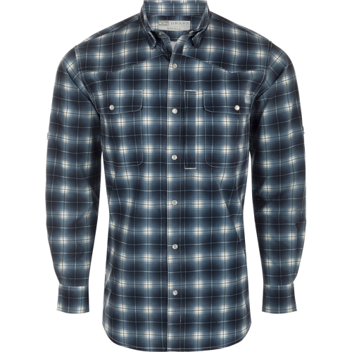 Cinco Ranch Plaid Long Sleeve Shirt with hidden button-down collar, faux pearl snap buttons, and adjustable roll-up sleeves. Lightweight and breathable 100% Polyester with UPF 30 sun protection, moisture-wicking, and quick-drying capabilities. Perfect for western vibes and outdoor adventures!