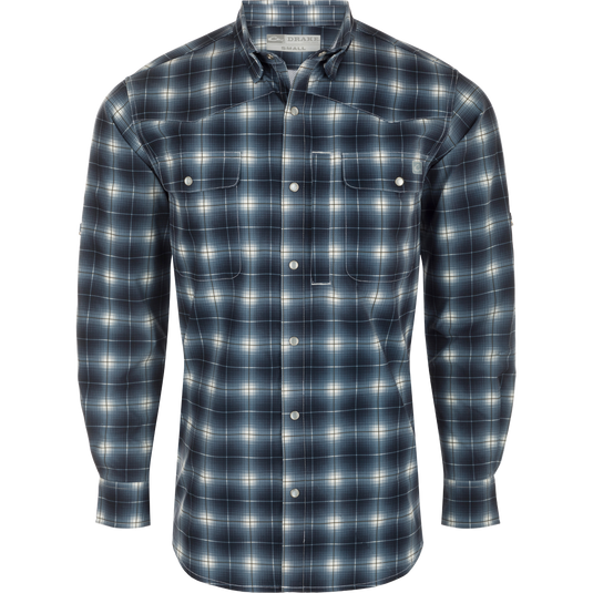 Cinco Ranch Plaid Long Sleeve Shirt with hidden button-down collar, faux pearl snap buttons, and adjustable roll-up sleeves. Lightweight and breathable 100% Polyester with UPF 30 sun protection, moisture-wicking, and quick-drying capabilities. Perfect for western vibes and outdoor adventures!