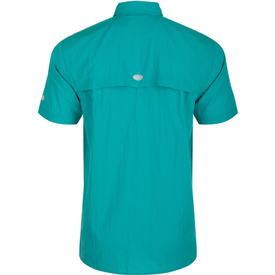Classic Seersucker Minicheck Shirt S/S: Back view of a blue shirt with hidden button-down collar, zippered chest pocket, and vented cape back.