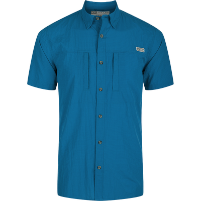 Classic Seersucker Minicheck Shirt: A button-down collar shirt with hidden zippered chest pocket and Magnattach closure. Vented cape back and split tail hem for added ventilation and versatile styling. Moisture-wicking, quick-drying fabric with UPF 30 sun protection.
