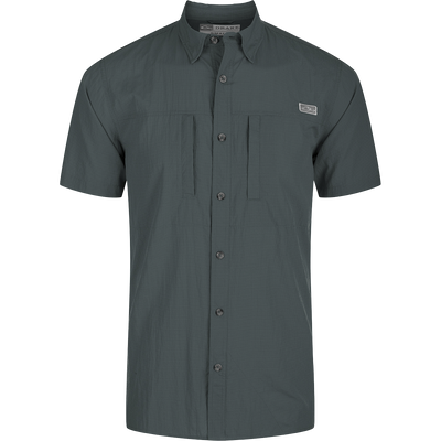 Classic Seersucker Minicheck Shirt: Close-up of a black shirt with a patch, button detail, and hidden zippered chest pocket.