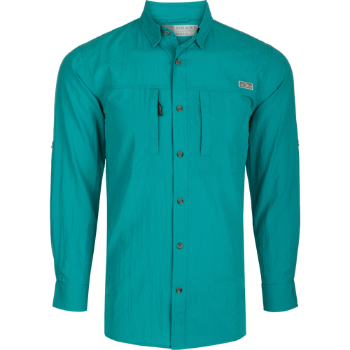 Classic Seersucker Minicheck Shirt L/S: A button-down collar shirt with hidden zippered chest pocket and Magnattach closure. Vented cape back for ventilation and split tail hem for versatile wear.