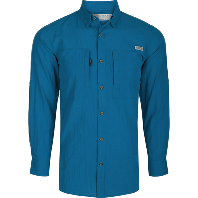 Classic Seersucker Minicheck Shirt L/S: A blue shirt with long sleeves, button-down collar, hidden zippered chest pocket, and Magnattach™ closure. Vented cape back and split tail hem for added ventilation and versatility.