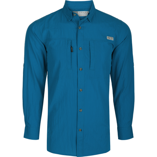 Classic Seersucker Minicheck Shirt L/S: A blue shirt with long sleeves, button-down collar, hidden zippered chest pocket, and Magnattach™ closure. Vented cape back and split tail hem for added ventilation and versatility.
