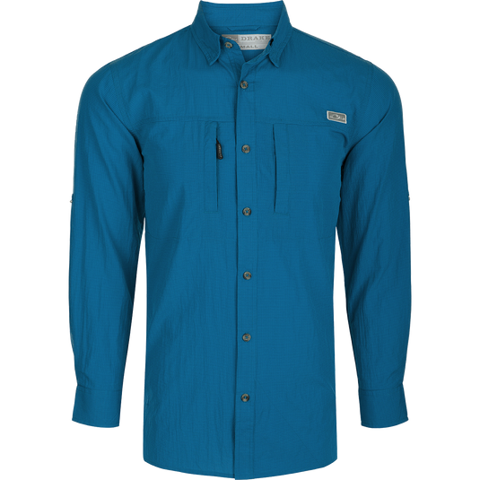 Classic Seersucker Minicheck Shirt L/S: A blue shirt with long sleeves, button-down collar, hidden zippered chest pocket, and Magnattach™ closure. Vented cape back and split tail hem for added ventilation and versatility.