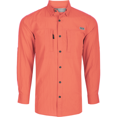 Classic Seersucker Minicheck Shirt L/S: A soft, featherweight shirt with a hidden button-down collar, zippered chest pocket, and magnet closure. Features UPF30 sun protection, moisture-wicking fabric, and a vented cape back for added ventilation. Perfect for hunting and outdoor activities.