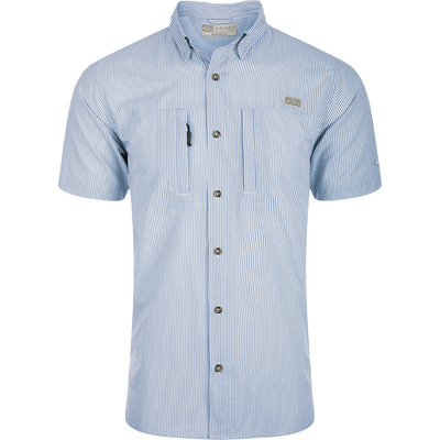 Classic Seersucker Stripe Shirt S/S: A button-down shirt with blue and white stripes, made from performance fabric for moisture-wicking and sun protection. Features include hidden zippered chest pocket, Magnattach™ closure, vented cape back, and split tail hem.