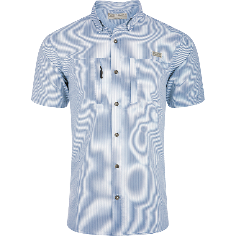Classic Seersucker Stripe Shirt S/S: A button-down shirt with blue and white stripes, made from performance fabric for moisture-wicking and sun protection. Features include hidden zippered chest pocket, Magnattach™ closure, vented cape back, and split tail hem.