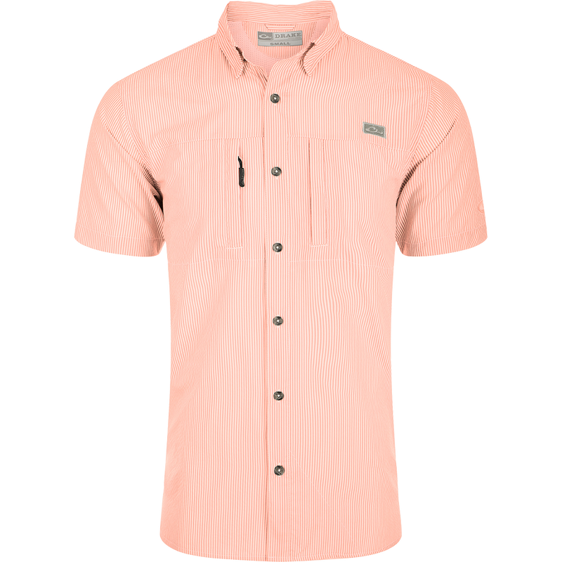 A close-up of the Classic Seersucker Stripe Shirt, featuring a button-down collar, hidden zippered chest pocket, and Magnattach™ closure.