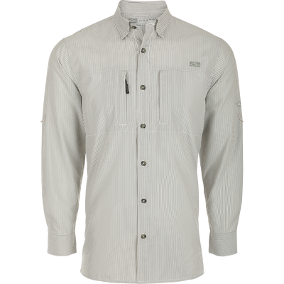 Classic Seersucker Stripe Shirt L/S: A button-down shirt with a seersucker texture, UPF 30 sun protection, and moisture-wicking fabric. Features a hidden zippered chest pocket and a Magnattach™ closure. Vented cape back for ventilation.