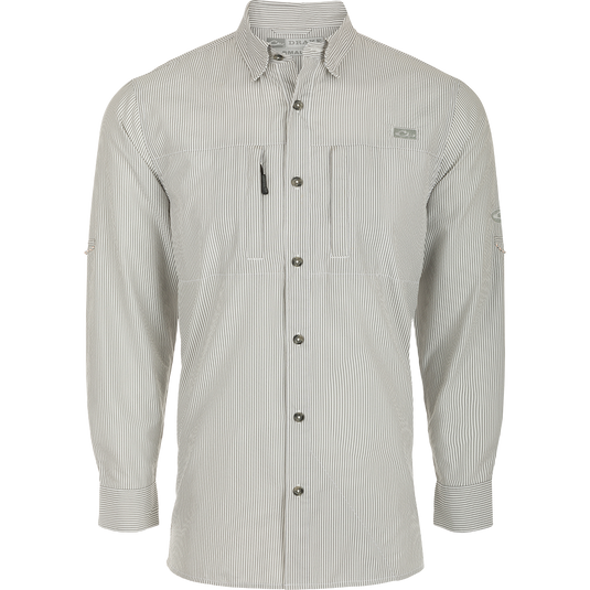 Classic Seersucker Stripe Shirt L/S: A button-down shirt with a seersucker texture, UPF 30 sun protection, and moisture-wicking fabric. Features a hidden zippered chest pocket and a Magnattach™ closure. Vented cape back for ventilation.