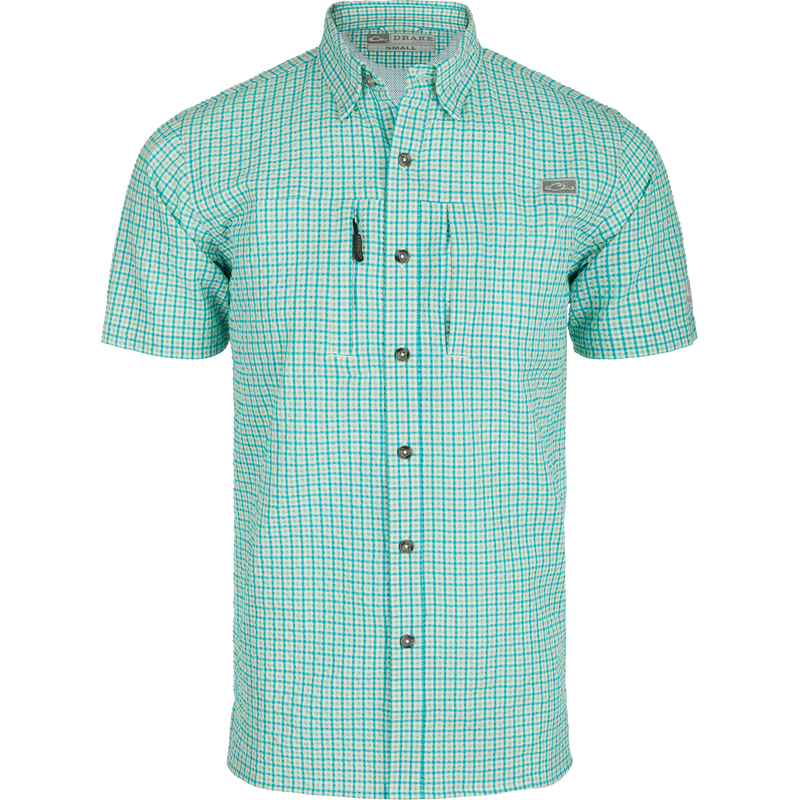 Classic Seersucker Grid Check Shirt: A plaid shirt with hidden button-down collar, zippered chest pocket, and split tail hem.