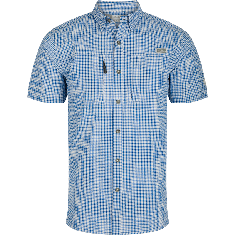 Classic Seersucker Grid Check Shirt S/S: A blue and white plaid shirt with a hidden button-down collar, zippered chest pocket, and split tail hem.