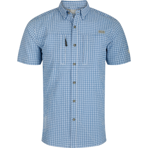 Classic Seersucker Grid Check Shirt S/S: A blue and white plaid shirt with a hidden button-down collar, zippered chest pocket, and split tail hem.