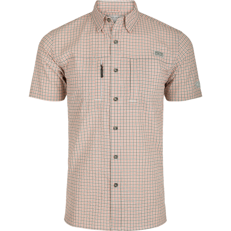 Classic Seersucker Grid Check Shirt S/S: A performance shirt with hidden button-down collar, zippered chest pocket, and vented cape back.