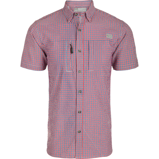 Classic Seersucker Grid Check Shirt S/S: A soft, featherweight shirt with a hidden button-down collar and zippered chest pocket. Vented cape back for ventilation.