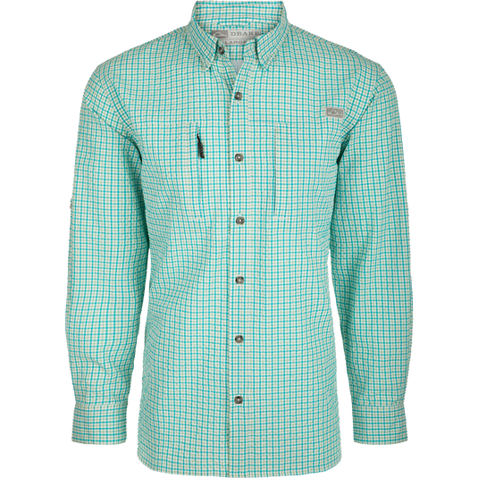 Classic Seersucker Grid Check Shirt L/S: A plaid shirt with a hidden button-down collar, zippered chest pocket, and vented cape back.