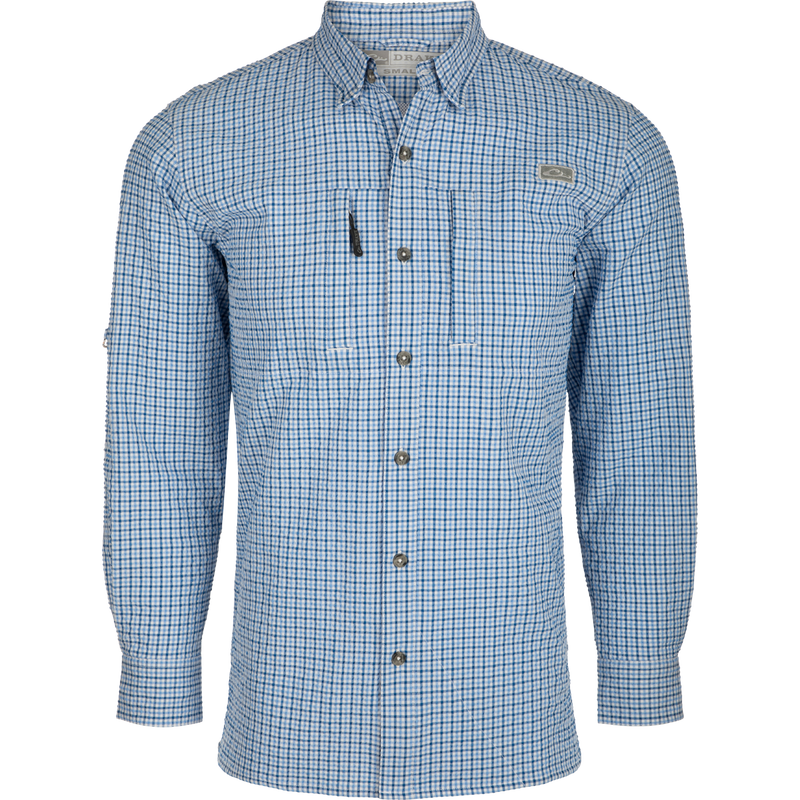 Classic Seersucker Grid Check Shirt L/S, a blue and white checkered shirt with button-down collar, hidden zippered chest pocket, and adjustable roll-up sleeves.