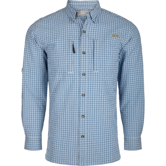 Classic Seersucker Grid Check Shirt L/S, a blue and white checkered shirt with button-down collar, hidden zippered chest pocket, and adjustable roll-up sleeves.