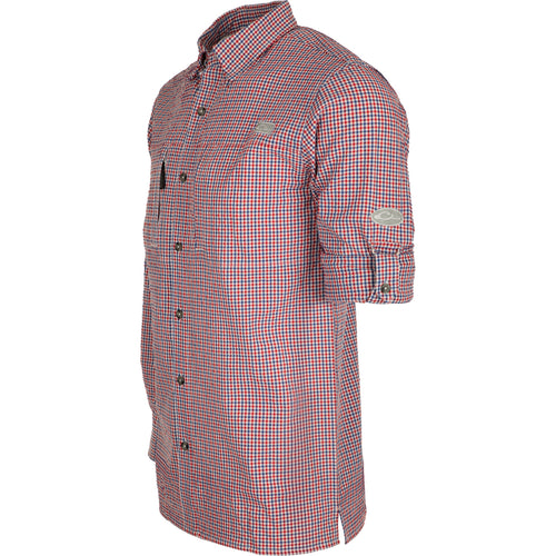 Classic Seersucker Grid Check Shirt L/S: A red and white plaid shirt with hidden button-down collar, zippered chest pocket, and vented cape back.