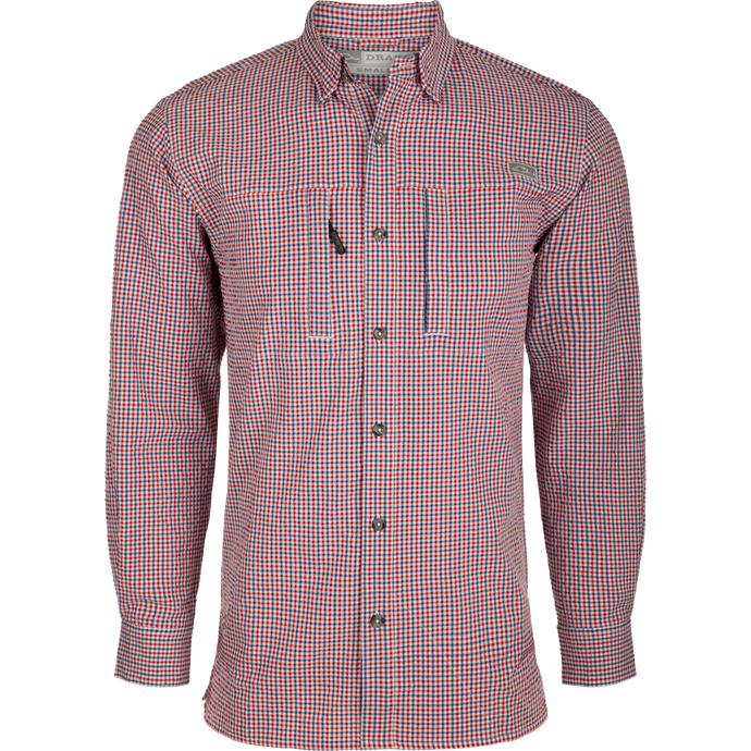 Classic Seersucker Grid Check Shirt L/S: A soft, featherweight shirt with a hidden button-down collar, zippered chest pocket, and Magnattach™ closure. Vented cape back for ventilation. Split tail hem allows for tucked or untucked wear. Sunglass wipe and adjustable roll-up sleeves.